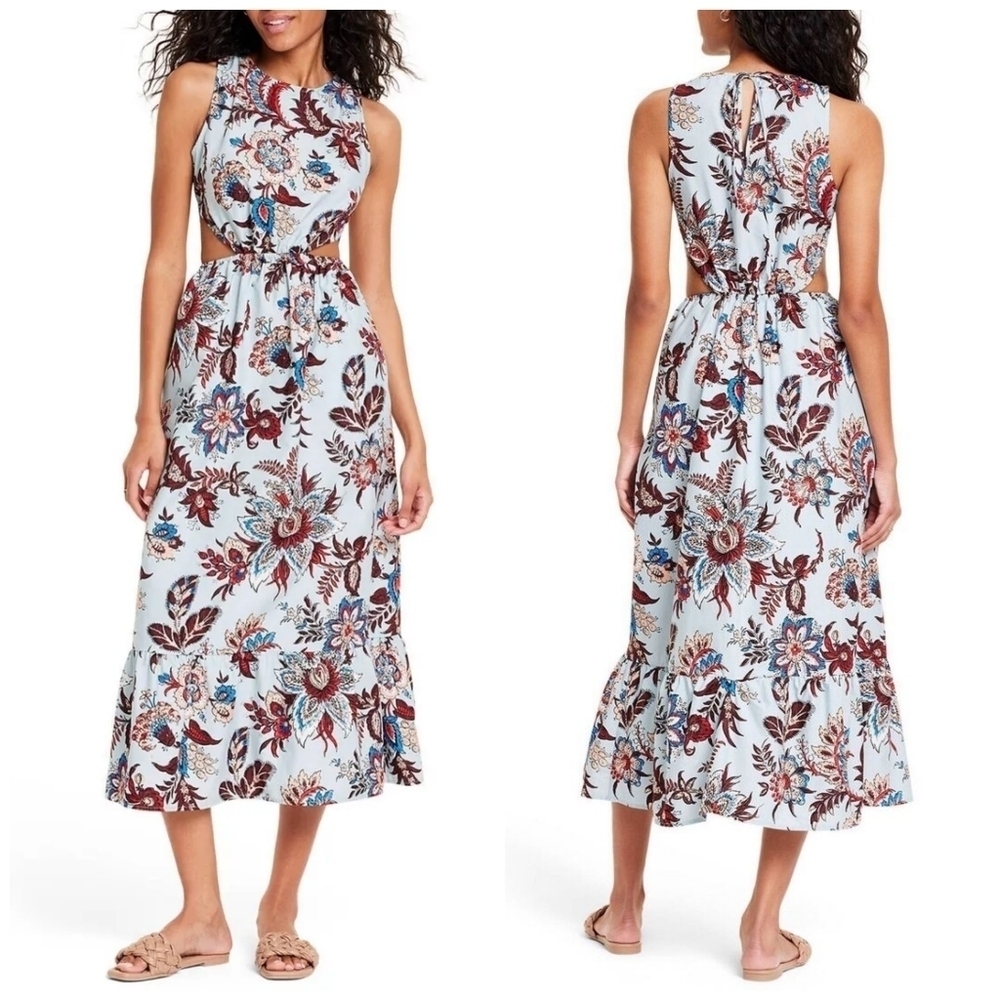RHODE x Target Blue Leafy Paisley Floral Print Cut Out Ruffled Maxi Dress